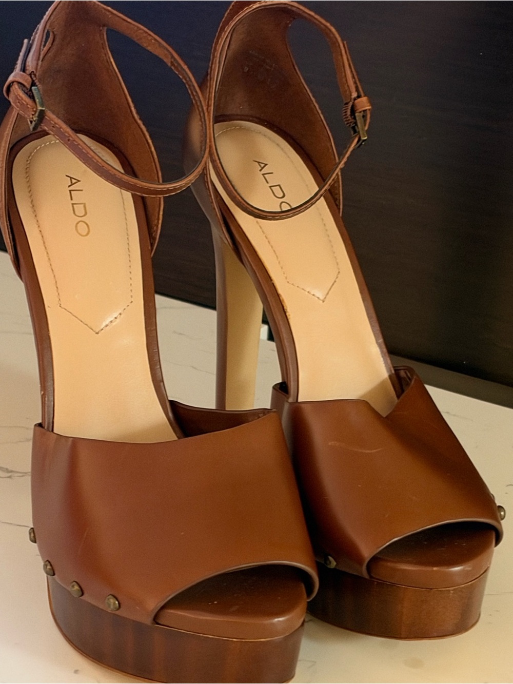 ALDO Brown Studded Platform Stiletto Ankle Strap Heels 9